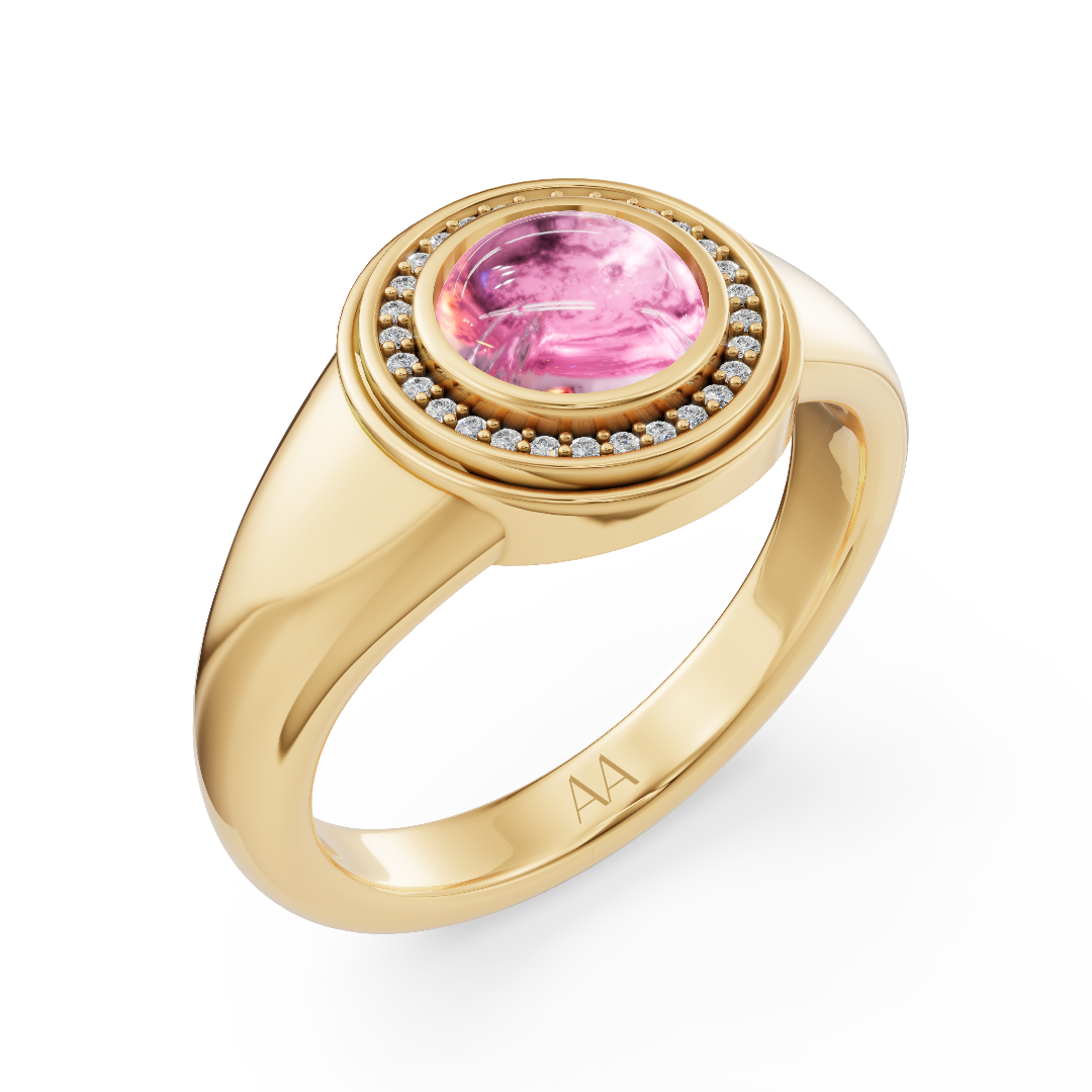 Desert Rose Pink Tourmaline Cabochon & Lab Diamond Pavé Ring