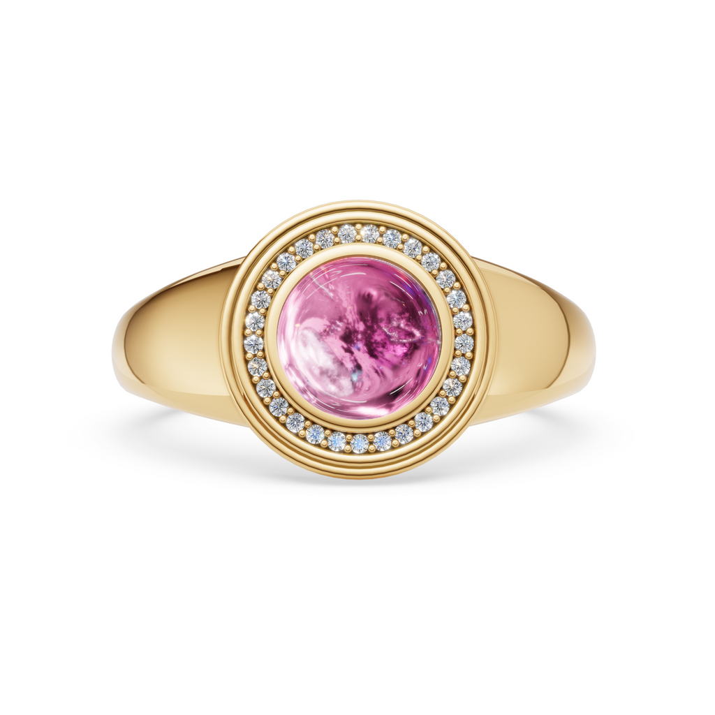 Desert Rose Pink Tourmaline Cabochon & Lab Diamond Pavé Ring