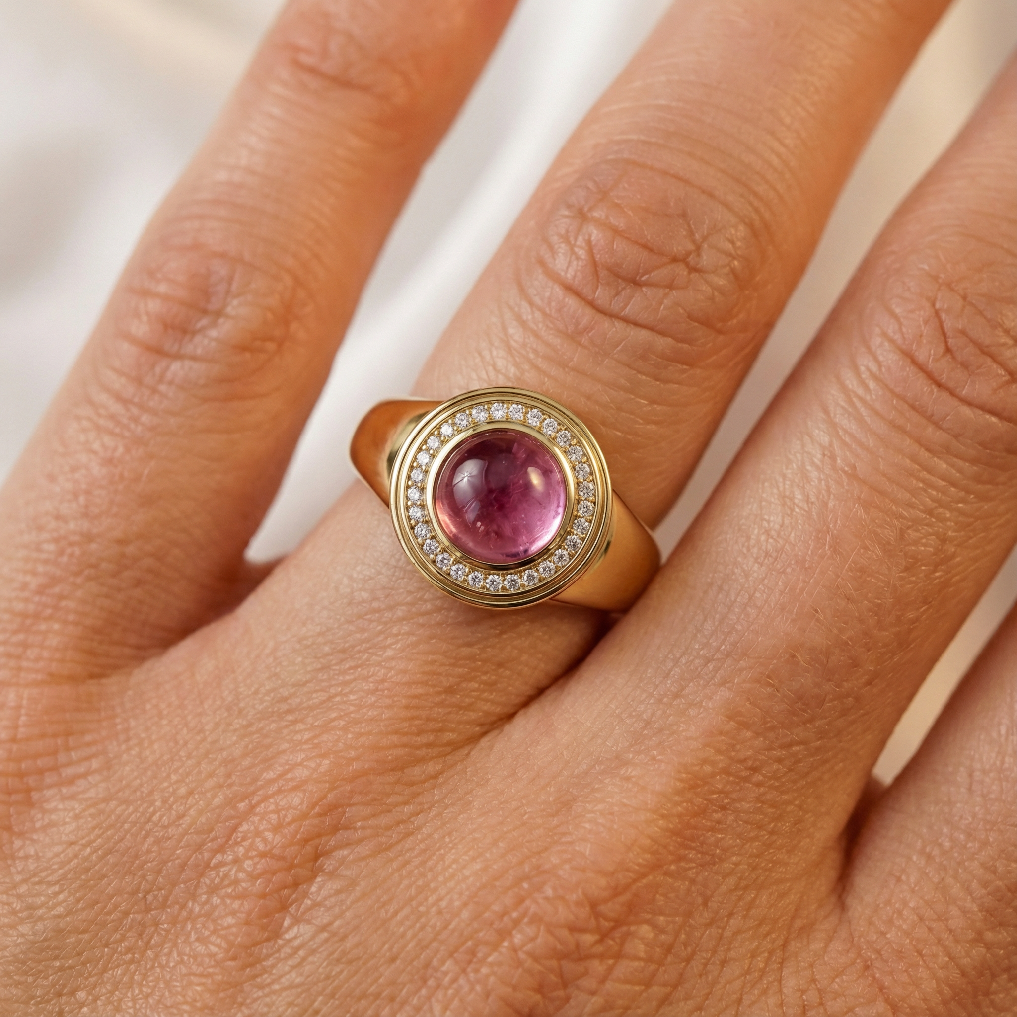 Desert Rose Pink Tourmaline Cabochon & Lab Diamond Pavé Ring