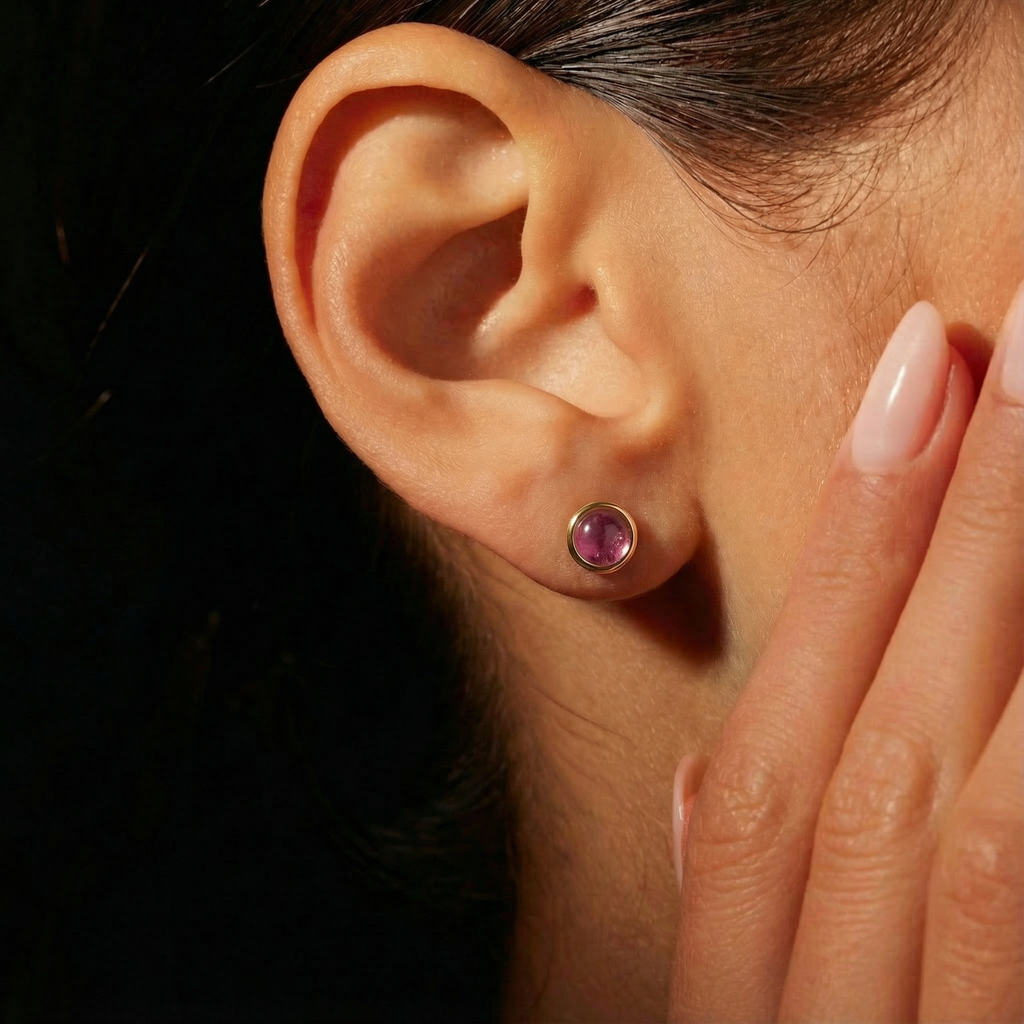 Desert Rose Bezel-Set Pink Tourmaline Cabochon Stud Earrings