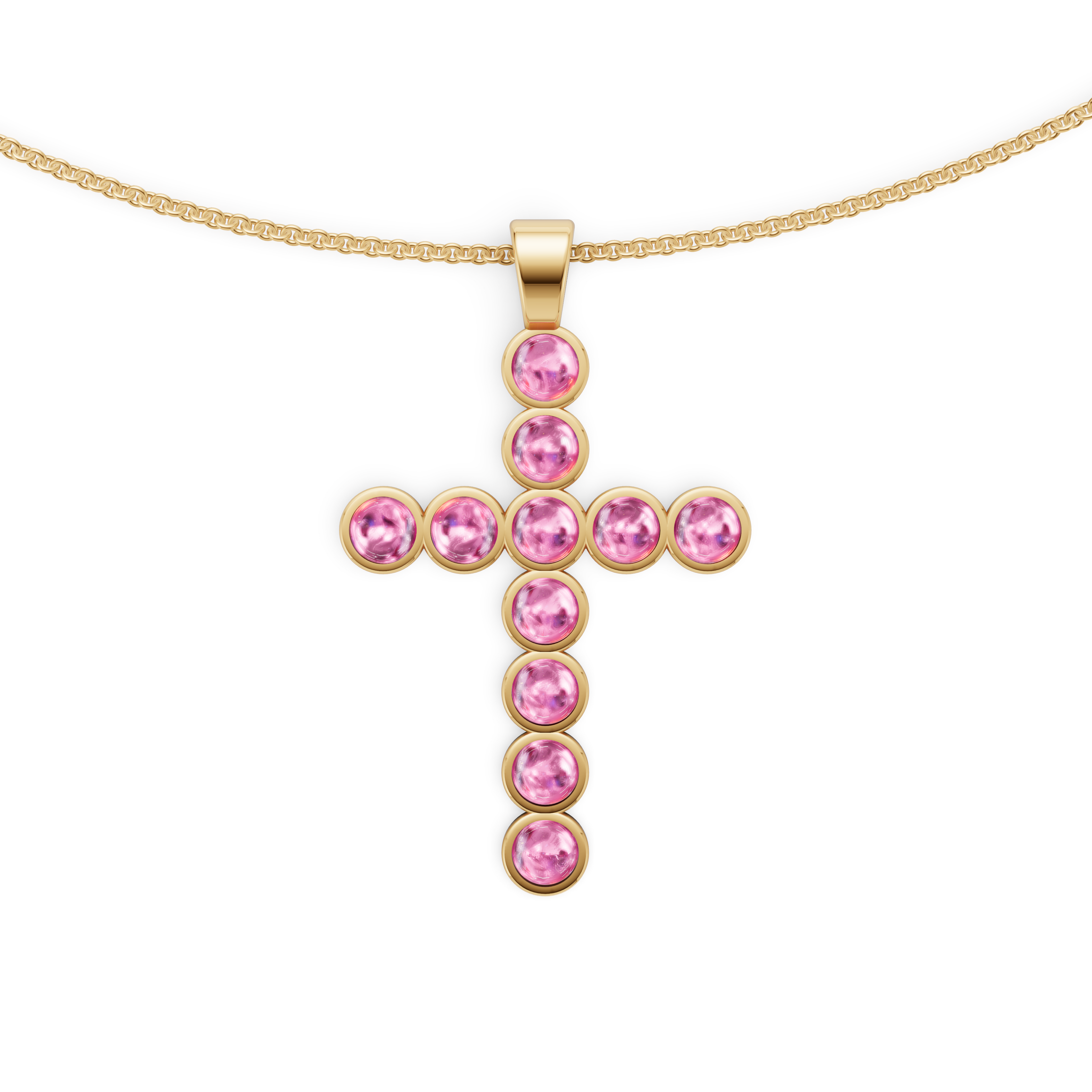 Desert Rose Bezel-Set Pink Tourmaline Cabochon Cross Pendant Necklace