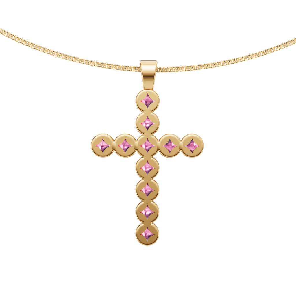 Desert Rose Bezel-Set Pink Tourmaline Cabochon Cross Pendant Necklace