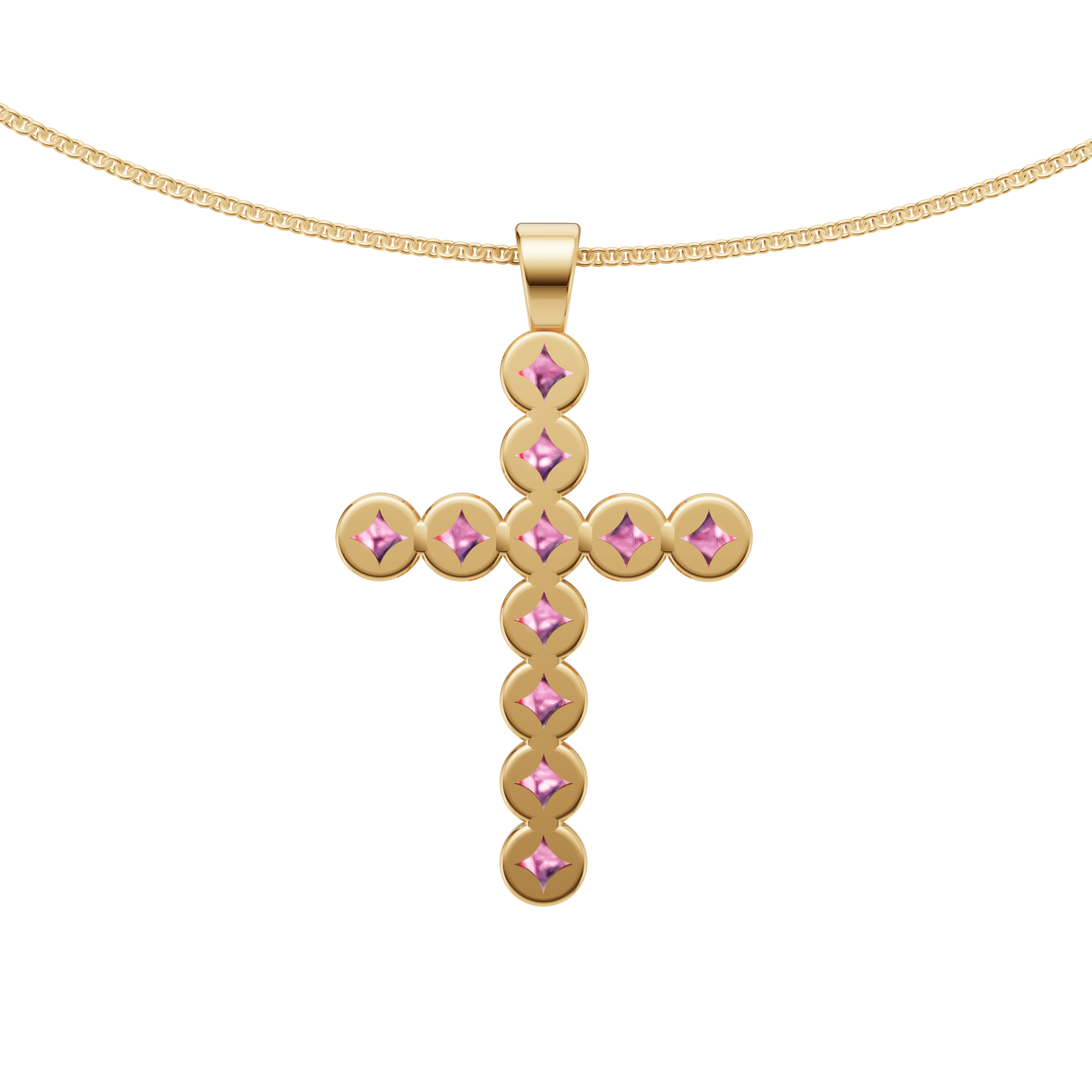 Desert Rose Bezel-Set Pink Tourmaline Cabochon Cross Pendant Necklace
