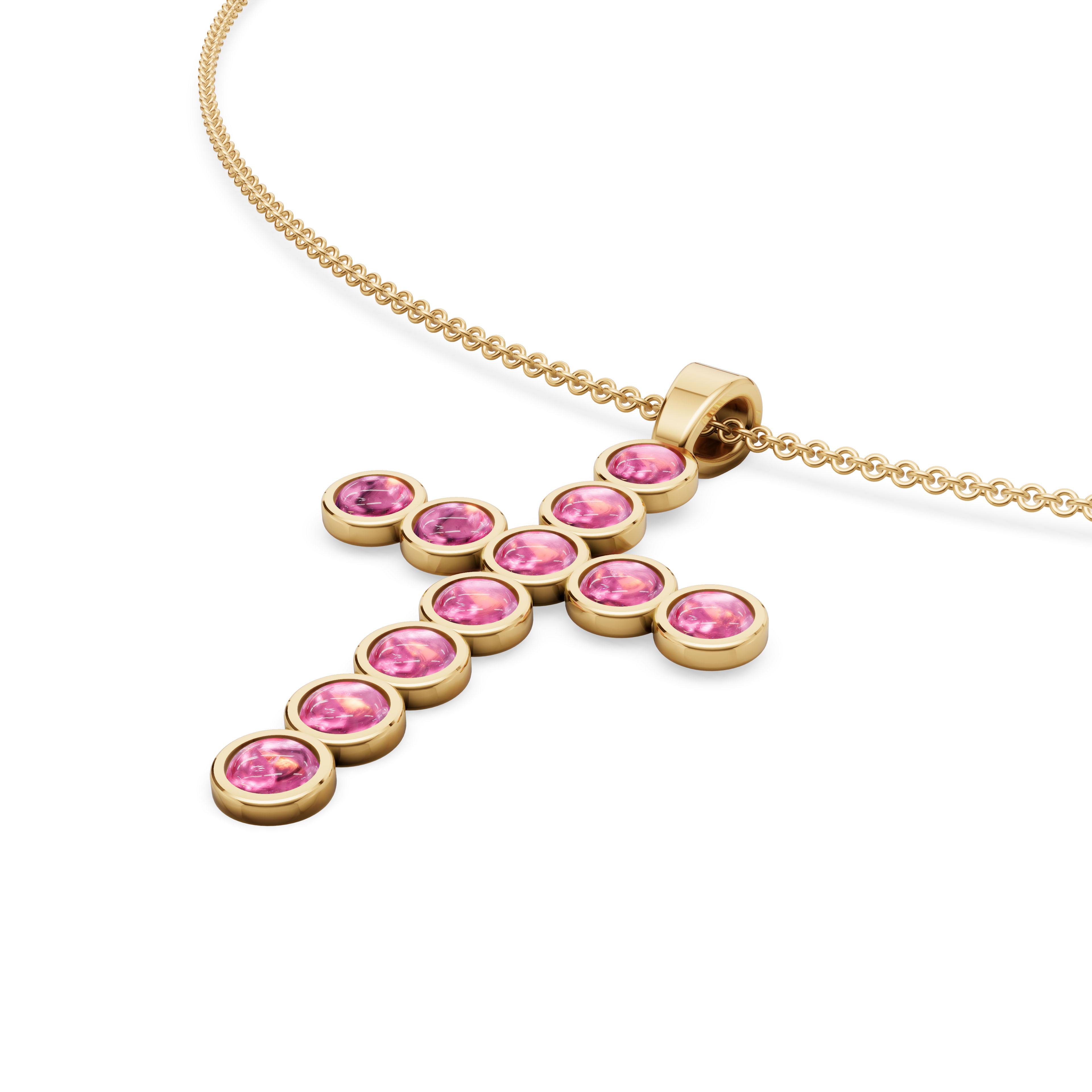 Desert Rose Bezel-Set Pink Tourmaline Cabochon Cross Pendant Necklace