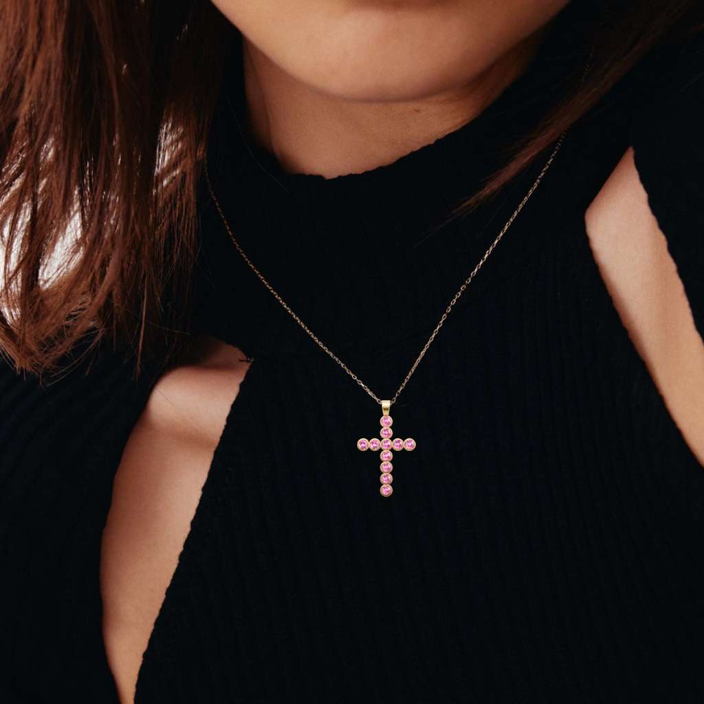 Desert Rose Bezel-Set Pink Tourmaline Cabochon Cross Pendant Necklace