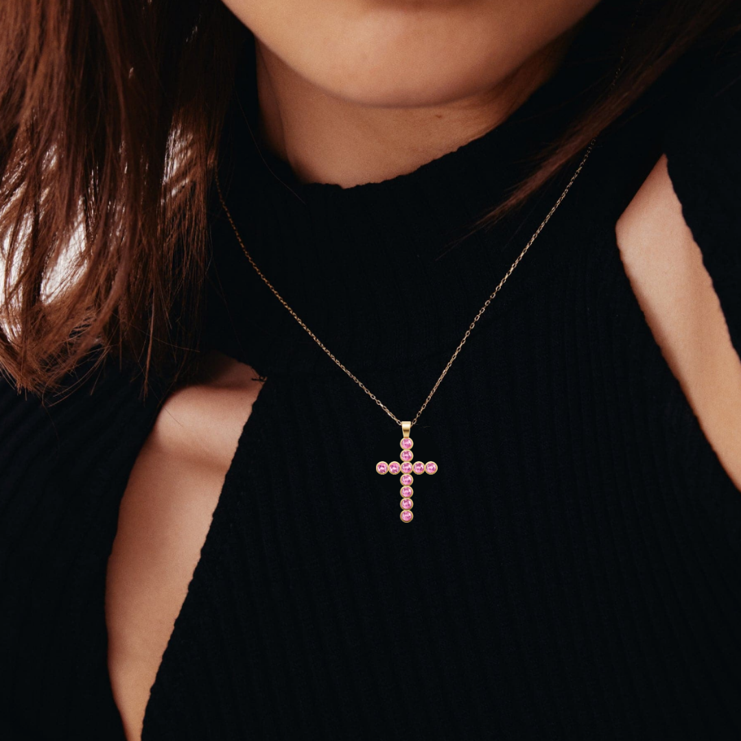 Desert Rose Bezel-Set Pink Tourmaline Cabochon Cross Pendant Necklace