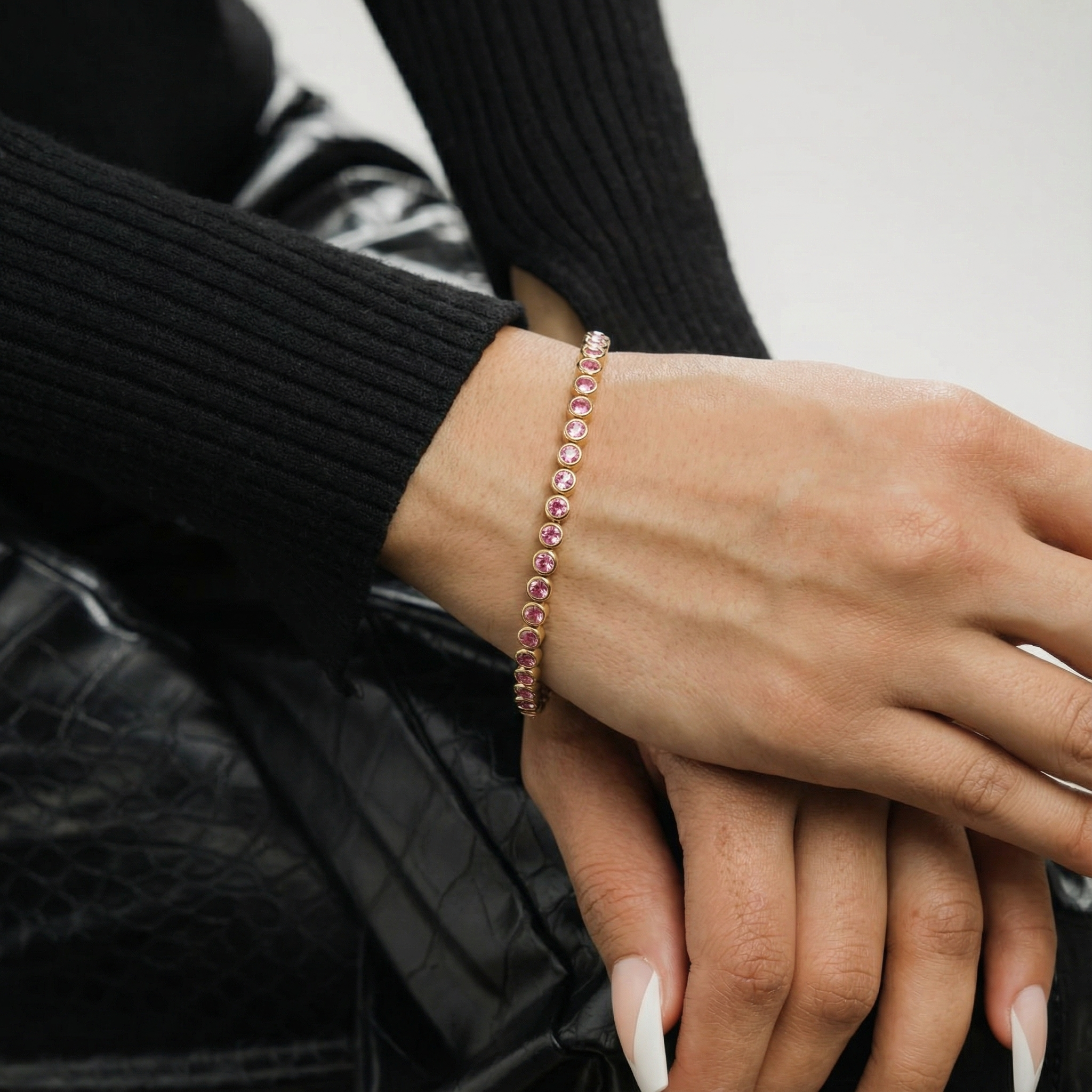 Desert Rose 3mm, Bezel-Set Pink Tourmaline Cabochon Tennis Bracelet