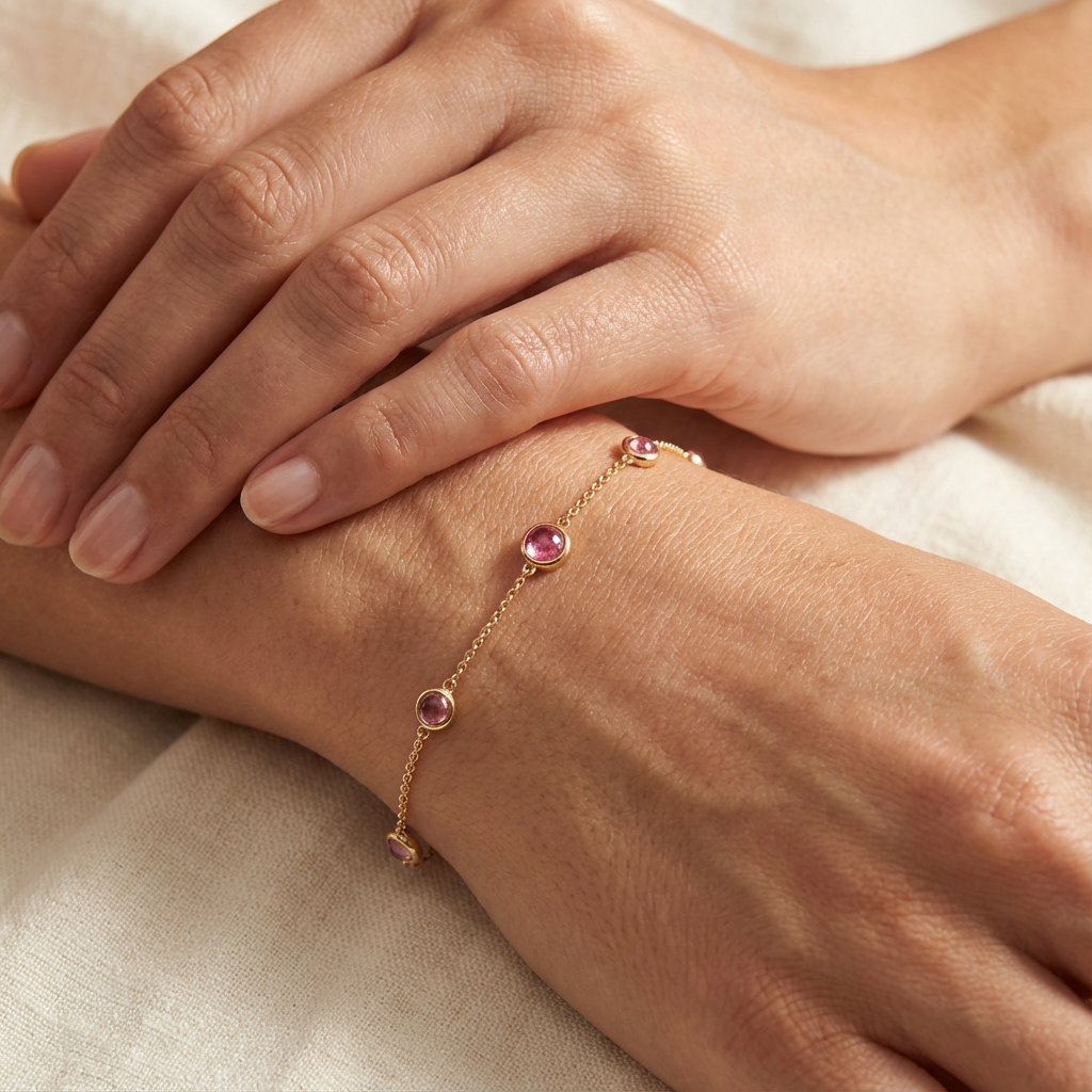 Desert Rose Bezel-Set Pink Tourmaline Cabochon 'Bubble' Charm Bracelet