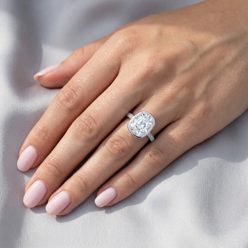 'Juno' Bezel-Set, Three-Rows Pavé Lab Diamond Engagement Ring