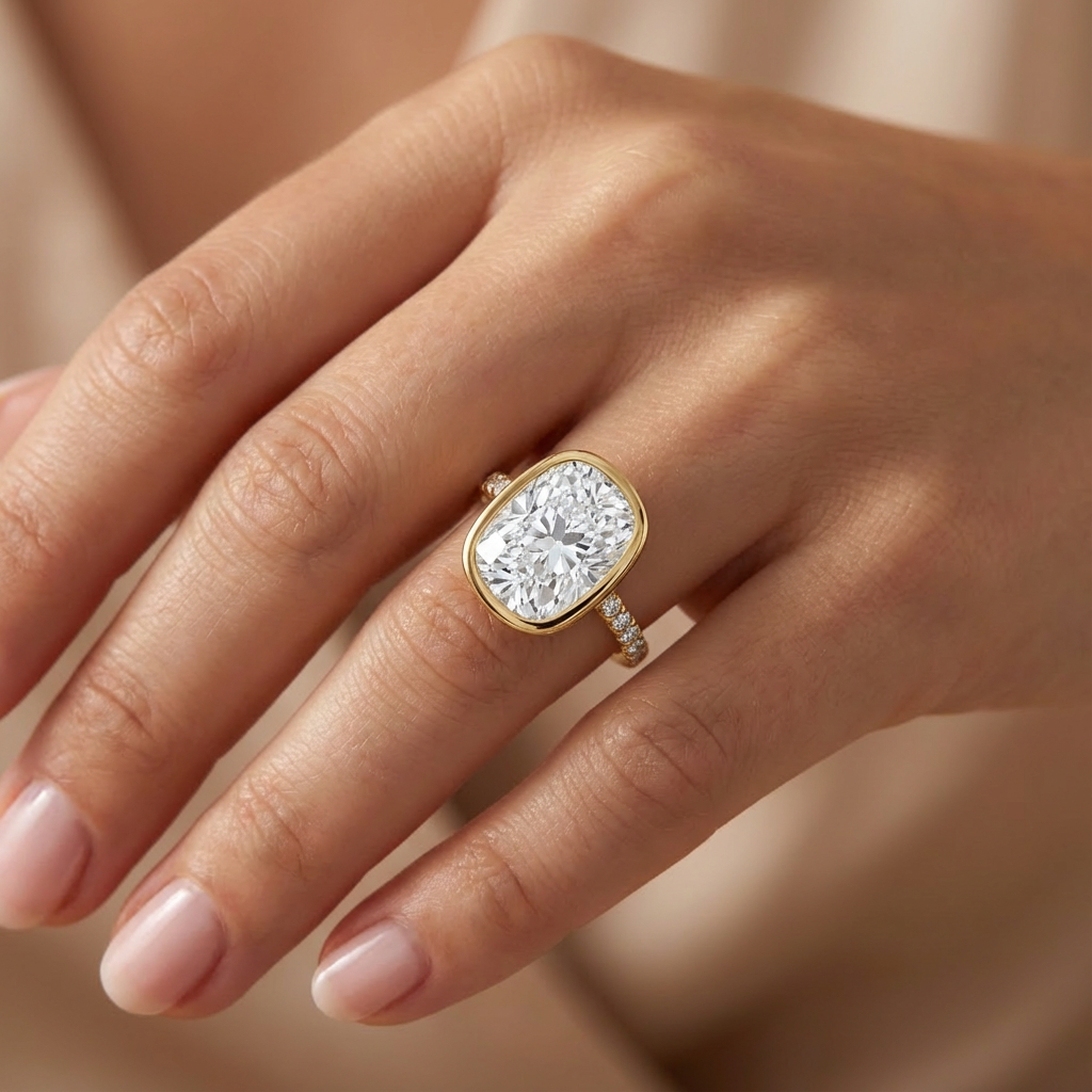 'Juno' Bezel-Set, One-Row Pavé Lab Diamond Engagement Ring