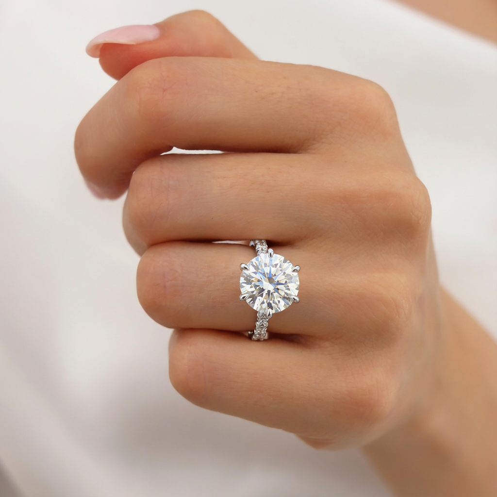 'Eros' 6-prongs, One-Row Pavé Round Brilliant Cut Solitaire Lab Diamond Engagement Ring