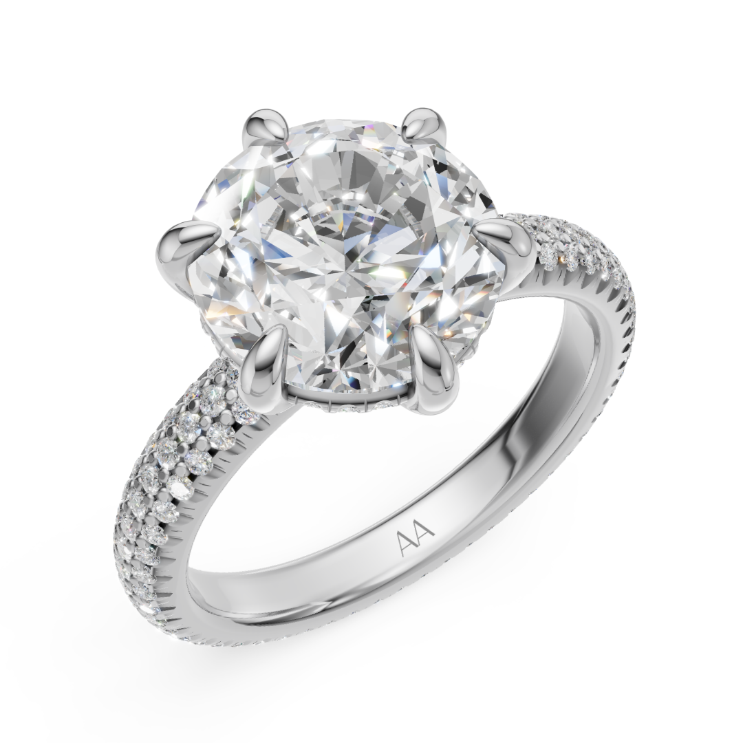 'Eros' 6-prongs, Three-Rows Pavé Round Brilliant Cut Solitaire Lab Diamond Engagement Ring