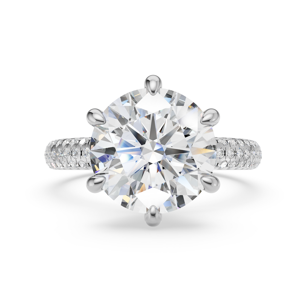'Eros' 6-prongs, Three-Rows Pavé Round Brilliant Cut Solitaire Lab Diamond Engagement Ring