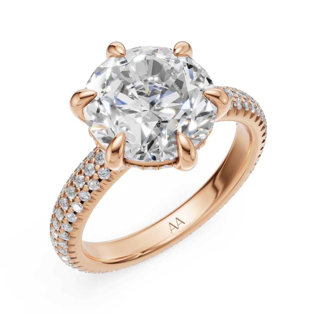 'Eros' 6-prongs, Three-Rows Pavé Round Brilliant Cut Solitaire Lab Diamond Engagement Ring