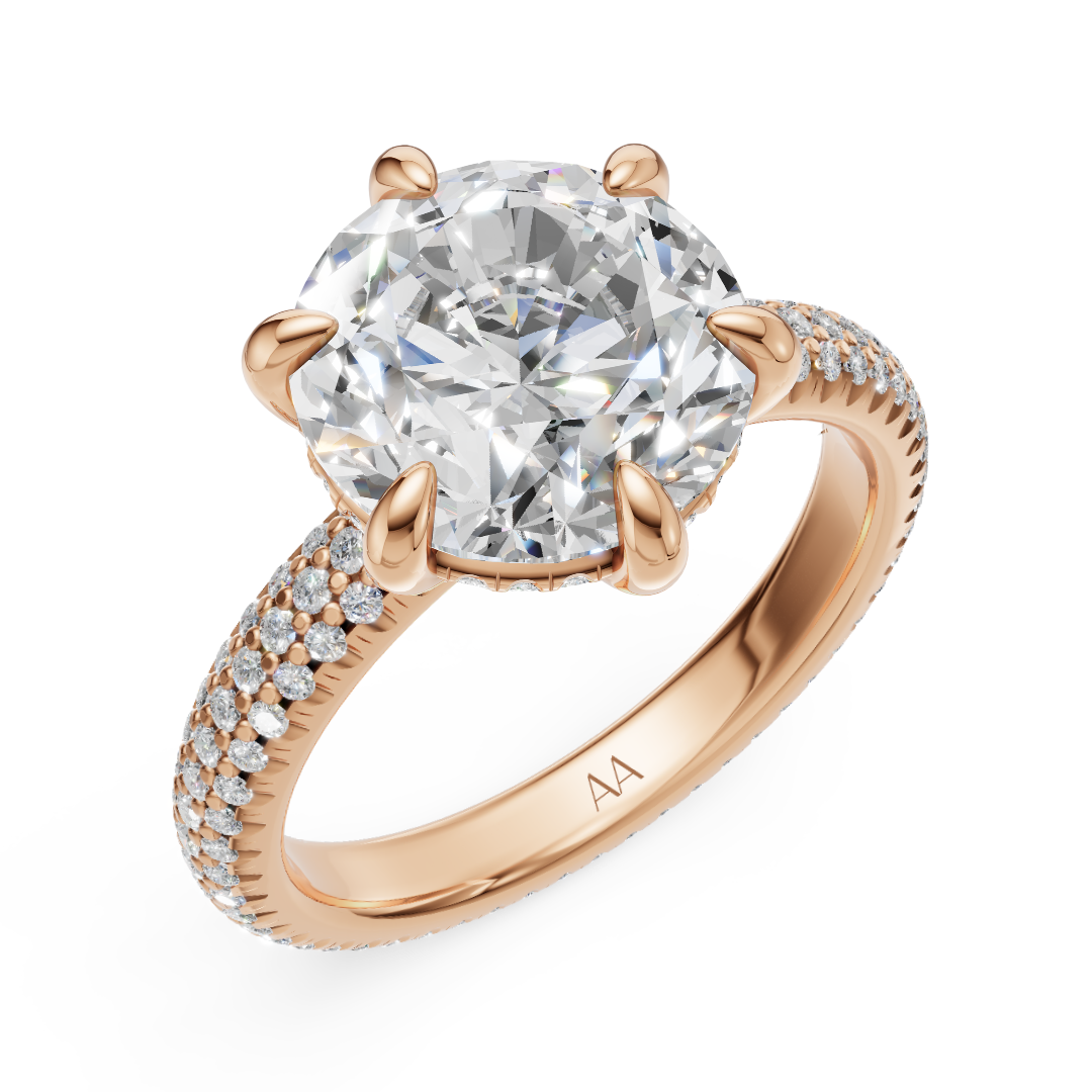 'Eros' 6-prongs, Three-Rows Pavé Round Brilliant Cut Solitaire Lab Diamond Engagement Ring