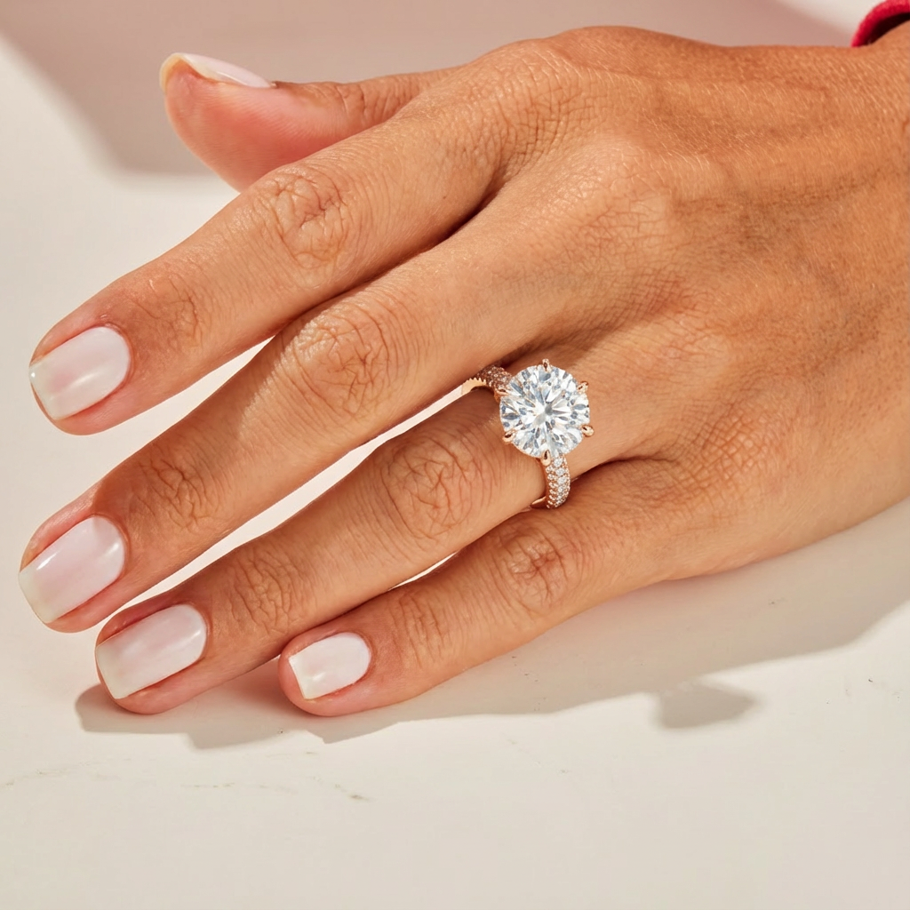 'Eros' 6-prongs, Three-Rows Pavé Round Brilliant Cut Solitaire Lab Diamond Engagement Ring