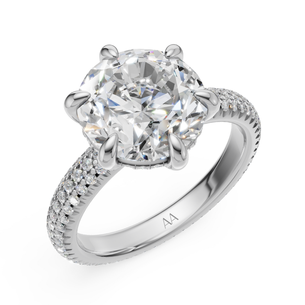 'Eros' 6-prongs, Three-Rows Pavé Round Brilliant Cut Solitaire Lab Diamond Engagement Ring
