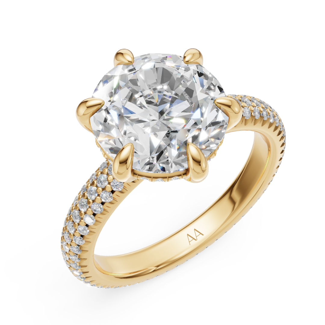 'Eros' 6-prongs, Three-Rows Pavé Round Brilliant Cut Solitaire Lab Diamond Engagement Ring
