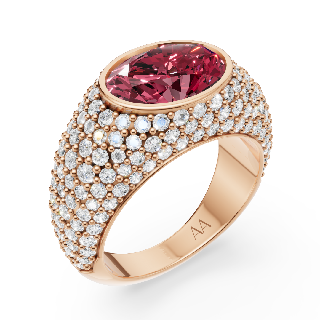 'Helena' Fancy Vivid Pink Oval Cut Lab Grown Diamond, Bombé Pavé Ring