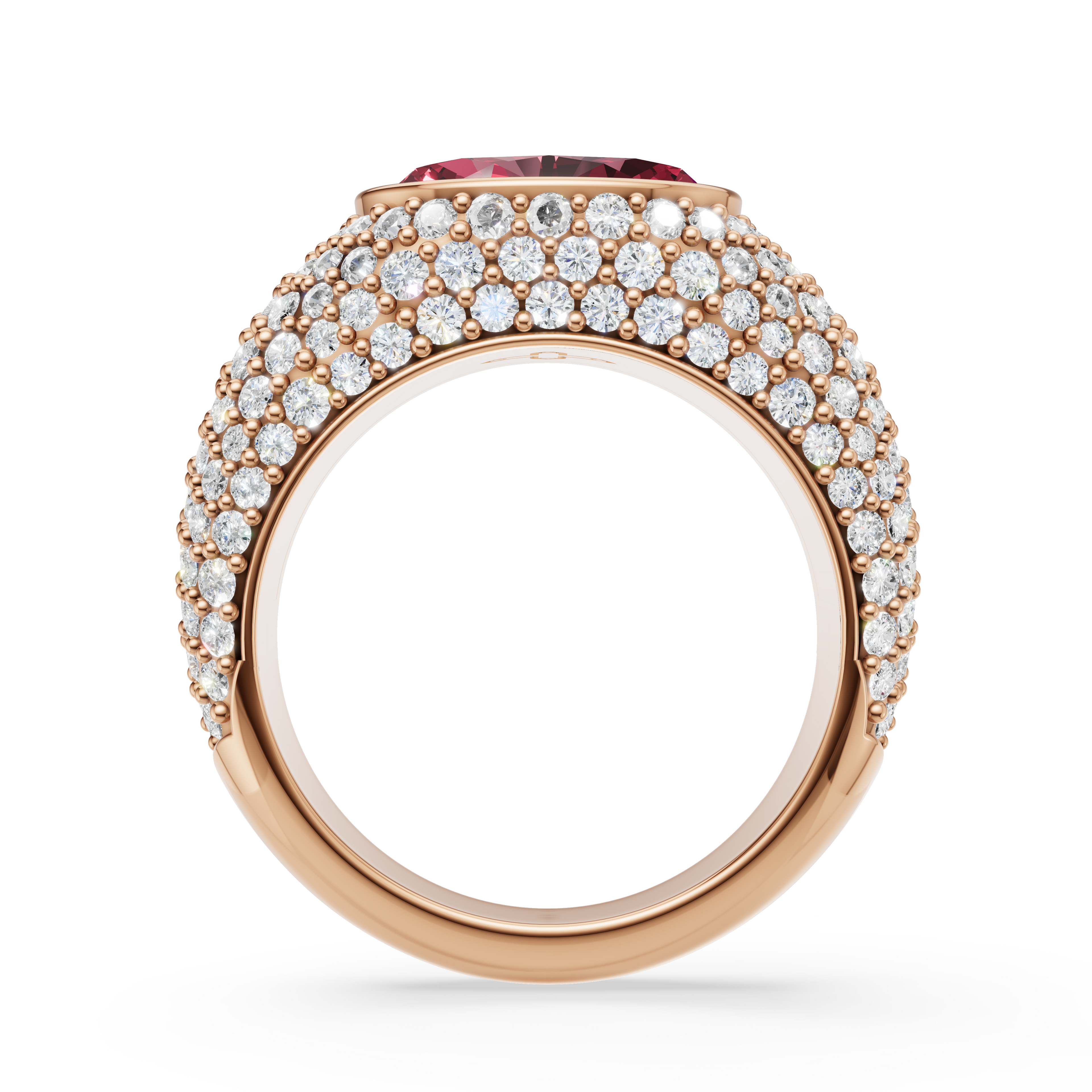 'Helena' Fancy Vivid Pink Oval Cut Lab Grown Diamond, Bombé Pavé Ring