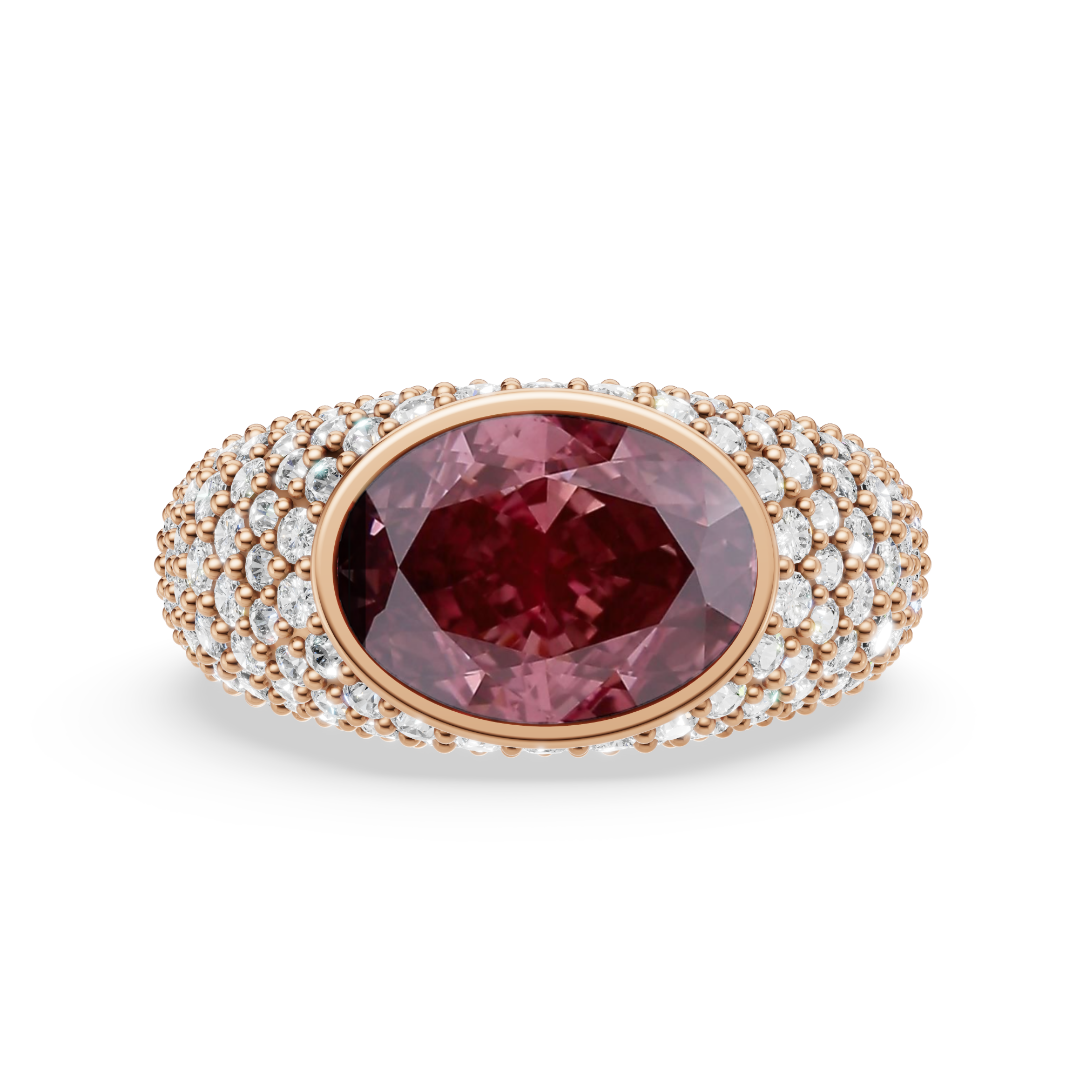 'Helena' Fancy Vivid Pink Oval Cut Lab Grown Diamond, Bombé Pavé Ring
