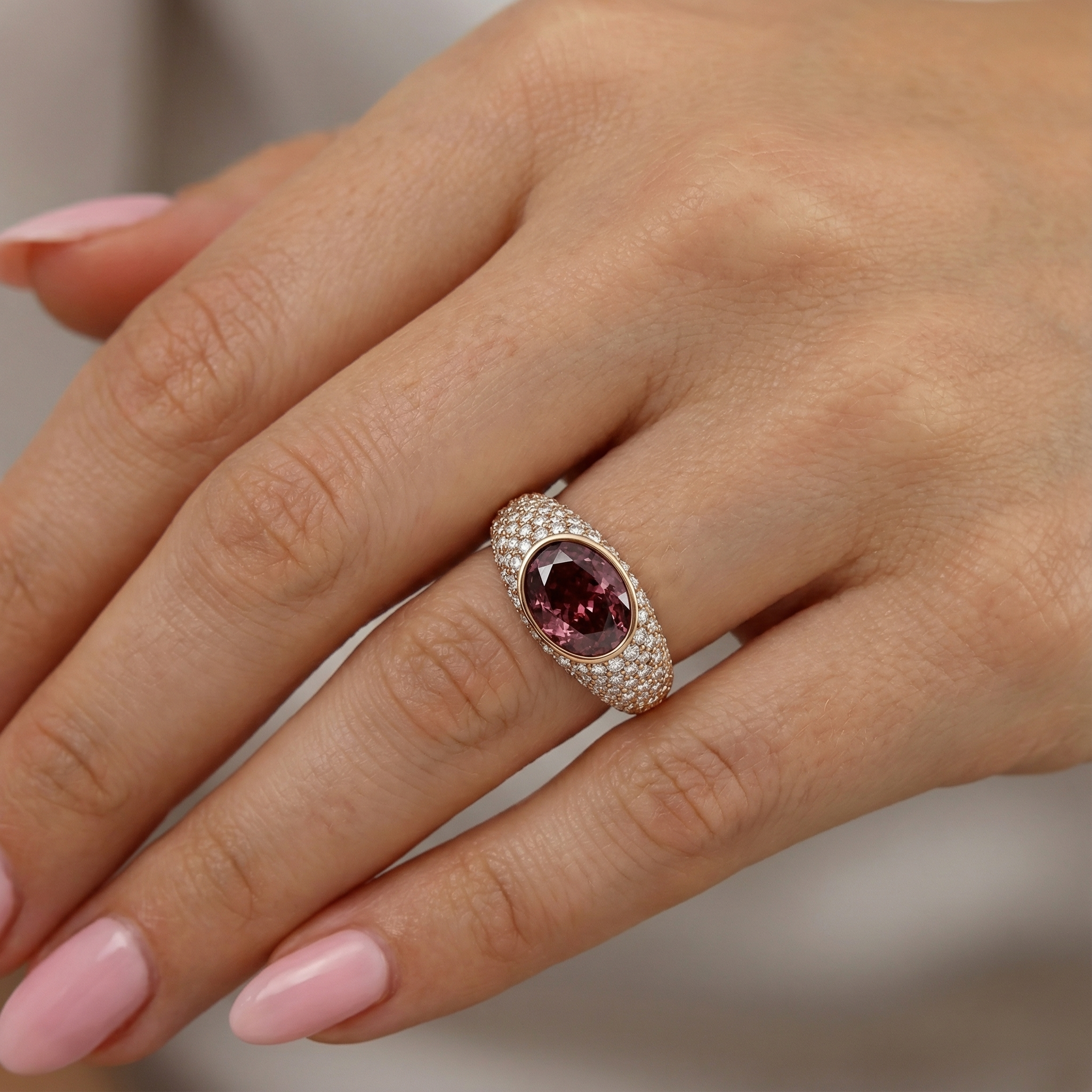 'Helena' Fancy Vivid Pink Oval Cut Lab Grown Diamond, Bombé Pavé Ring