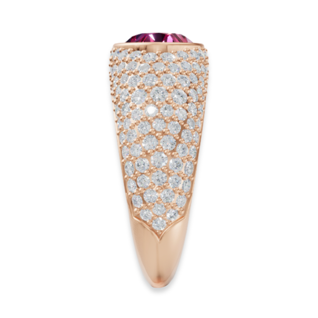 'Helena' Fancy Vivid Pink Oval Cut Lab Grown Diamond, Bombé Pavé Ring