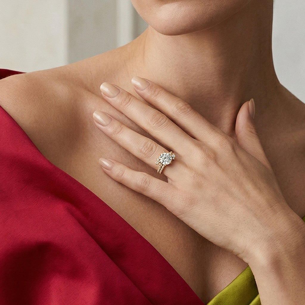 'Aurora' Round Brilliant Cut, Two-Rows Pavé Lab Diamond Engagement Ring