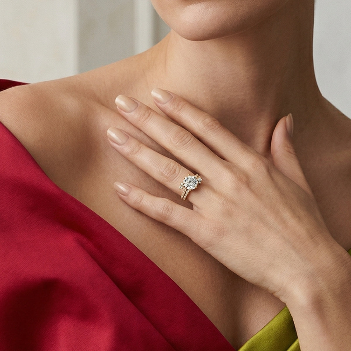 'Aurora' Round Brilliant Cut, Two-Rows Pavé Lab Diamond Engagement Ring