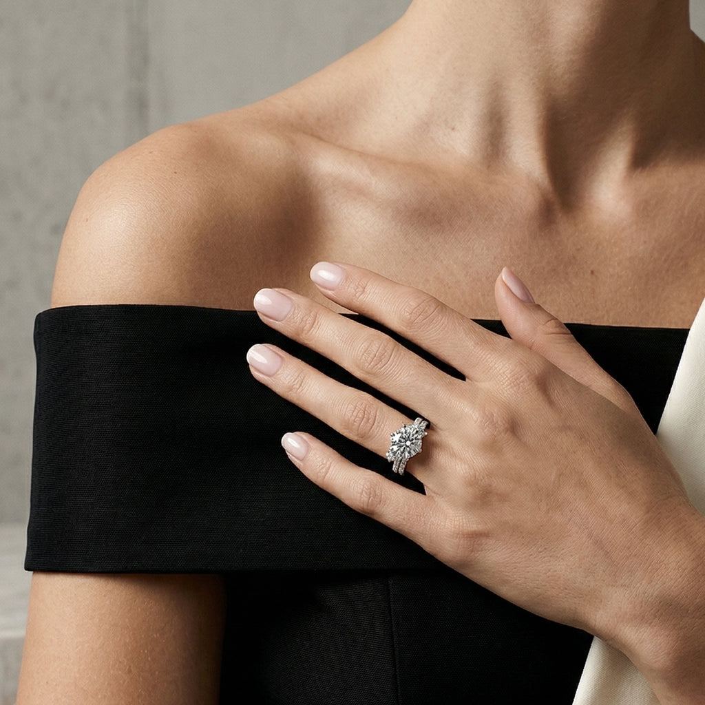 'Aurora' Round Brilliant Cut, Two-Rows Pavé Lab Diamond Engagement Ring