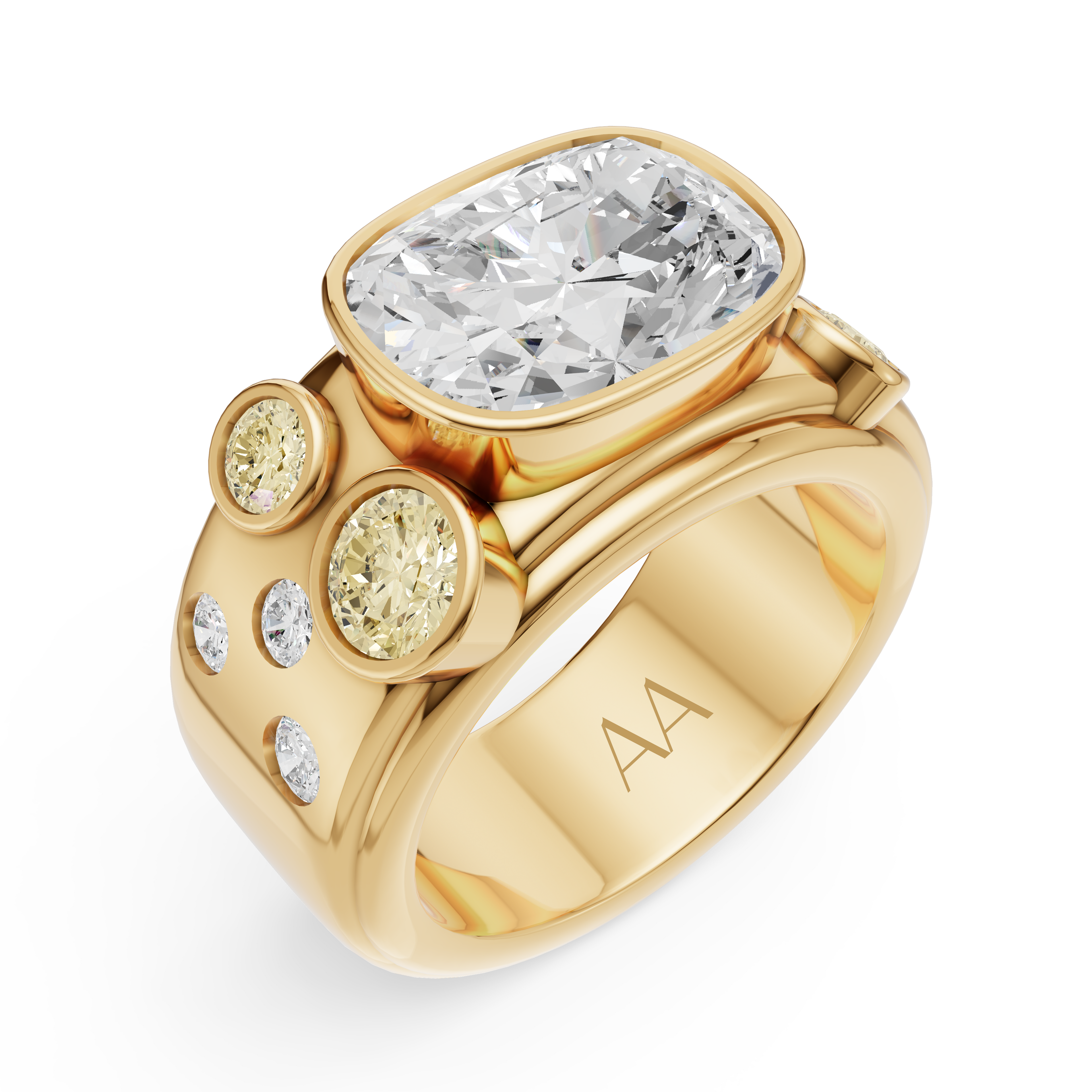 'Juno' 3 Carat Cushion & Round Brilliant Cut, White & Champagne Lab Diamond Bezel-set Ring