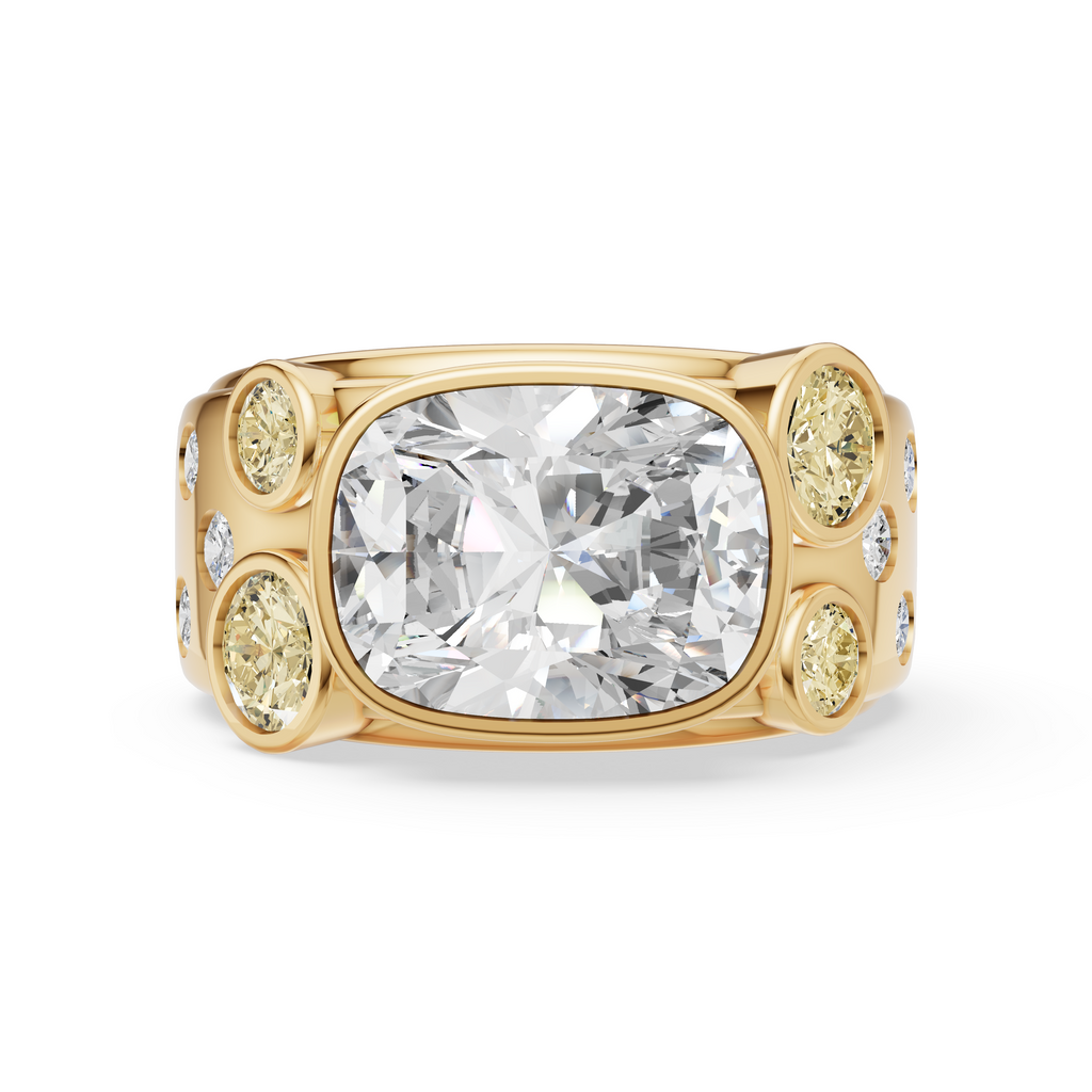 'Juno' 3 Carat Cushion & Round Brilliant Cut, White & Champagne Lab Diamond Bezel-set Ring