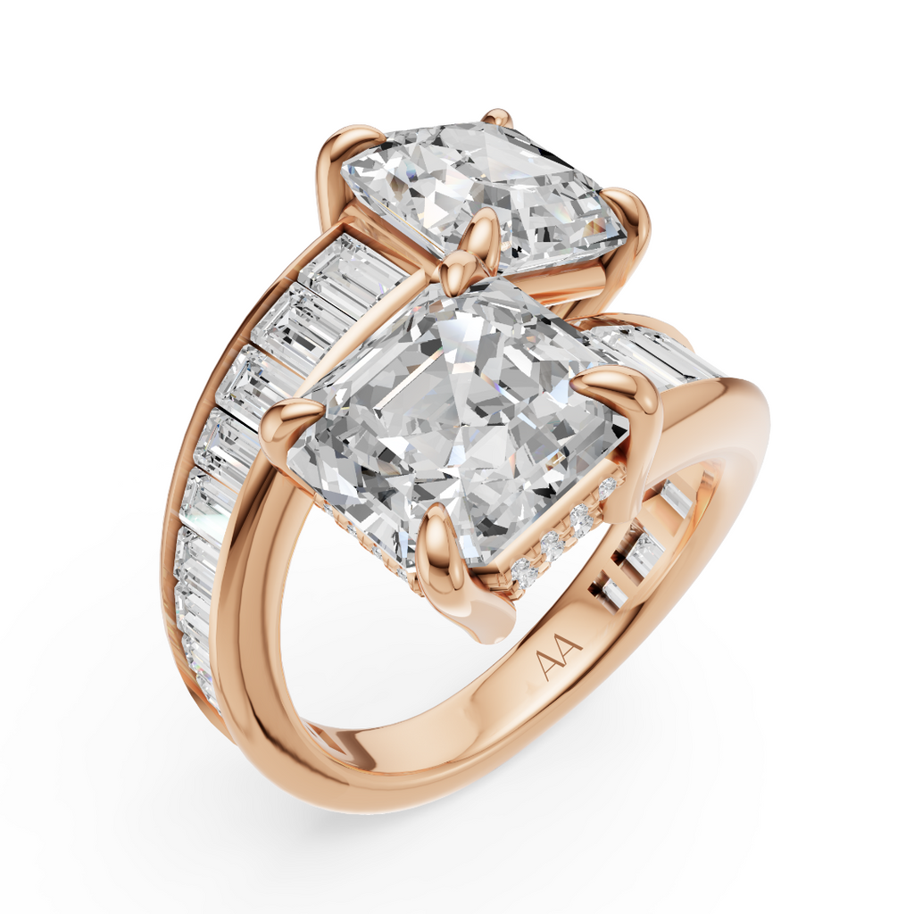 'Florence' 7 Carats Asscher & Baguette Cut Lab Diamond, Toi et Moi Ring