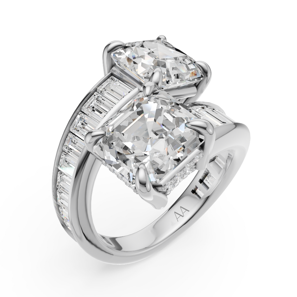 'Florence' 7 Carats Asscher & Baguette Cut Lab Diamond, Toi et Moi Ring