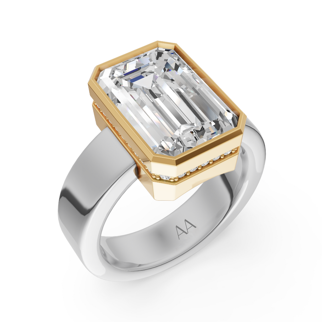 'Rosamund' 5 Carat Emerald Cut & Diamond Pavé Bezel-set Ring