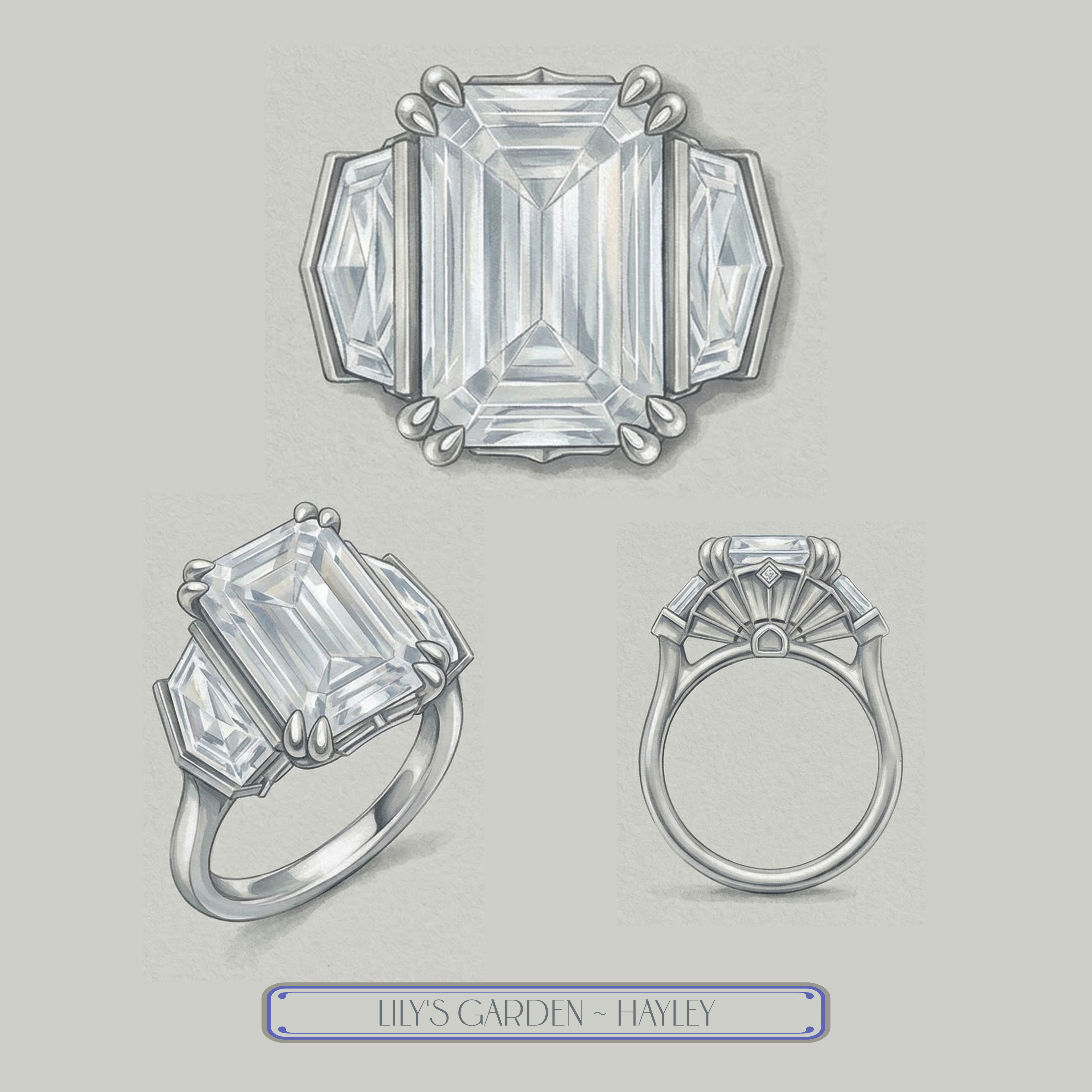 'Hayley' 6 Carat Emerald & Cadillac Cut Lab Diamond Ring