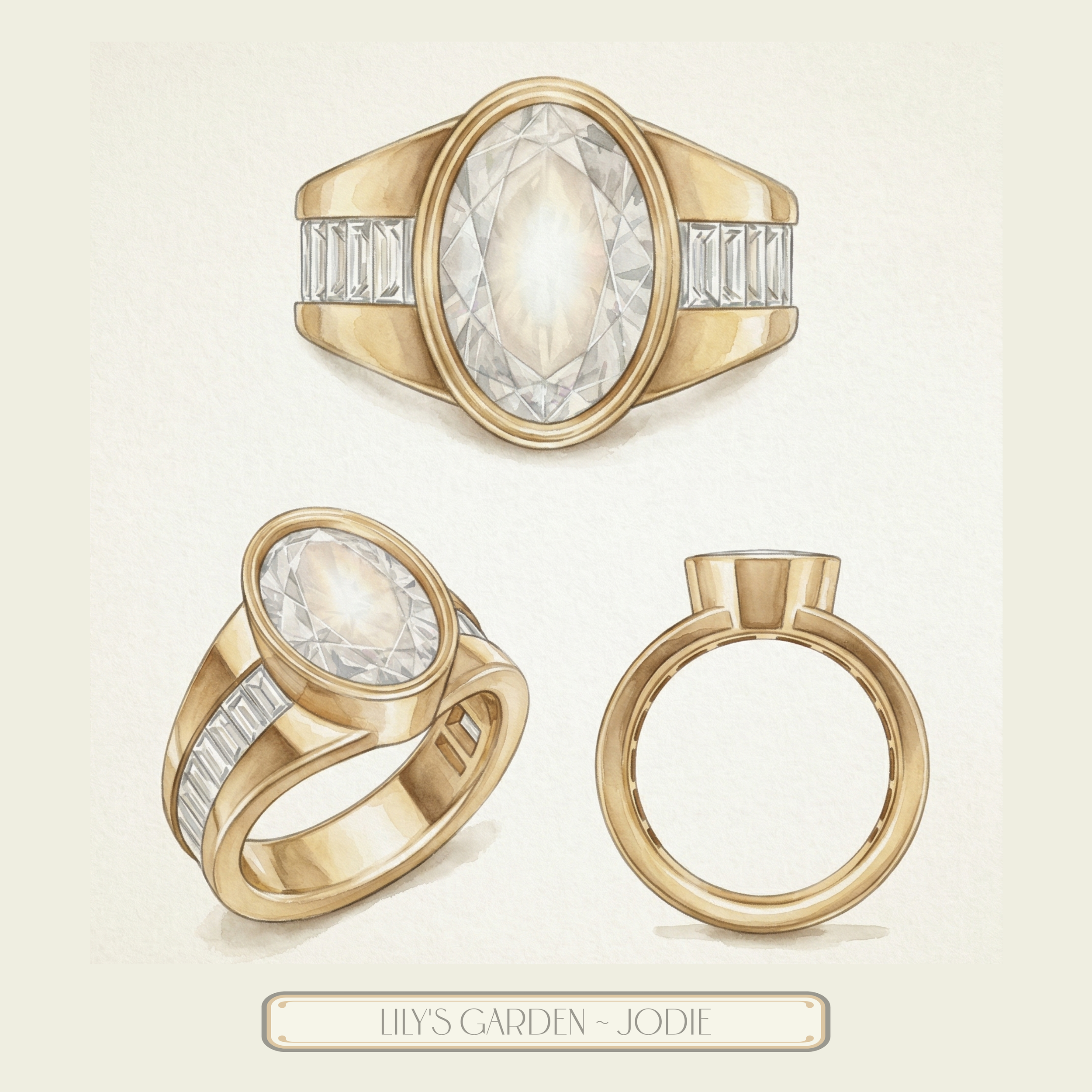 'Jodie' 3 Carat Oval & Baguette Cut Lab Diamond Bezel-set Ring