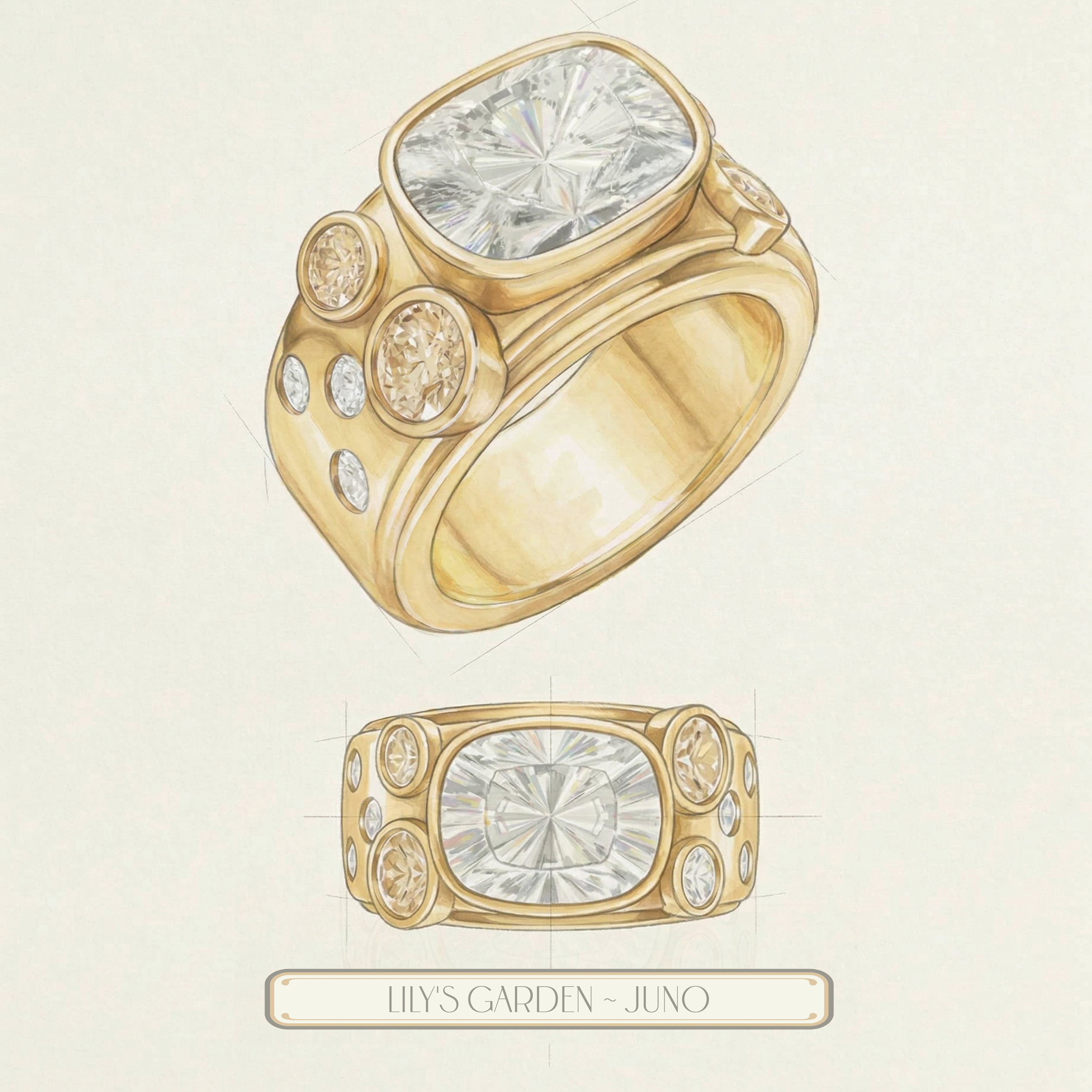 'Juno' 3 Carat Cushion & Round Brilliant Cut, White & Champagne Lab Diamond Bezel-set Ring