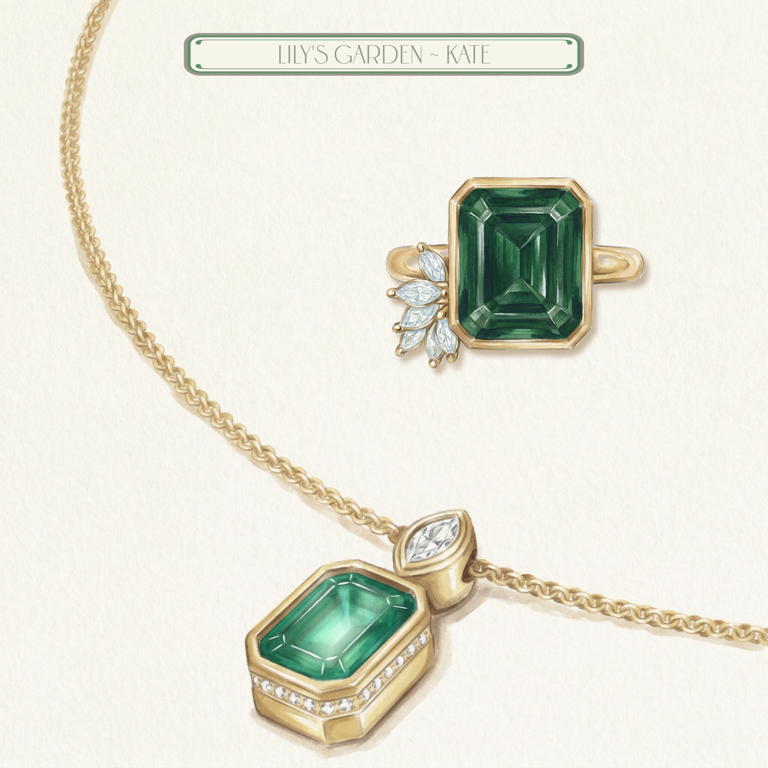 'Kate' 2 Carat Emerald & Marquise Cut Lab Diamond Pendant Necklace