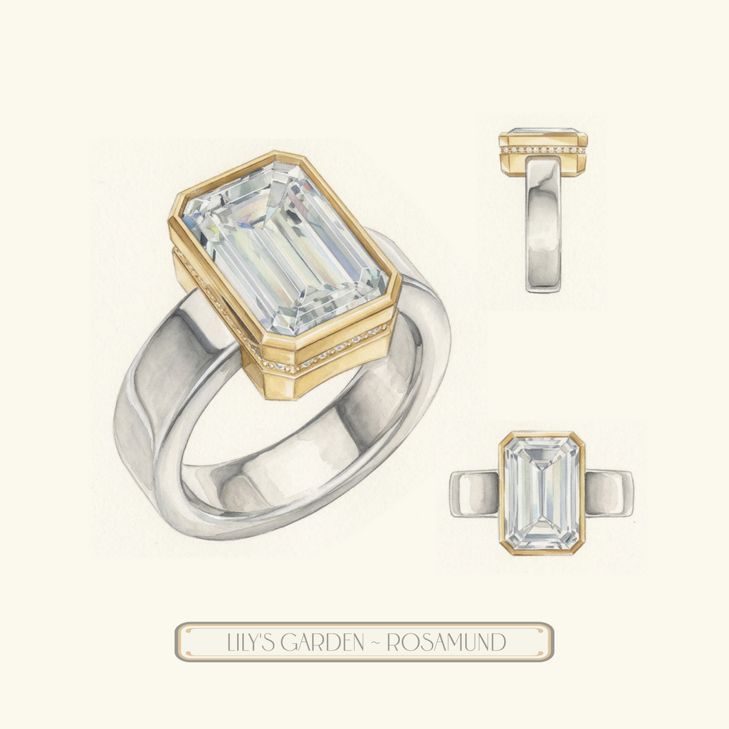 'Rosamund' 5 Carat Emerald Cut & Diamond Pavé Bezel-set Ring