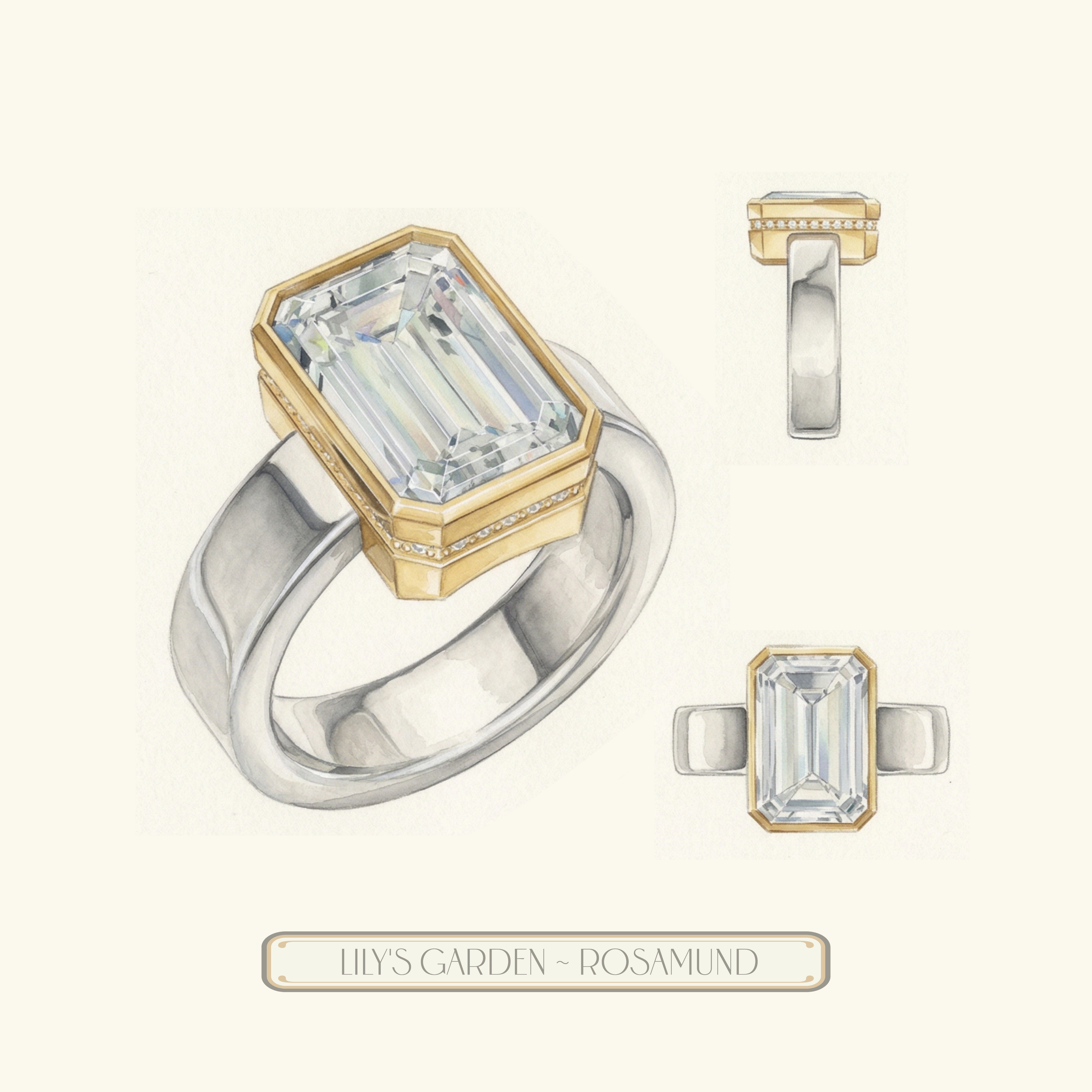 'Rosamund' 5 Carat Emerald Cut & Diamond Pavé Bezel-set Ring